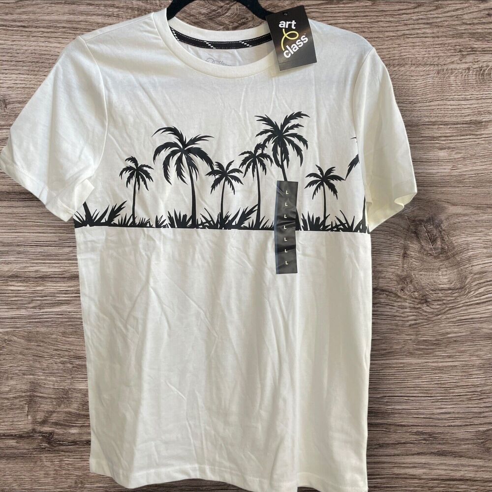 NEW‎ Art Class Boy's White Summer Beach Palm Tree Print Graphic T-Shirt Sz Large